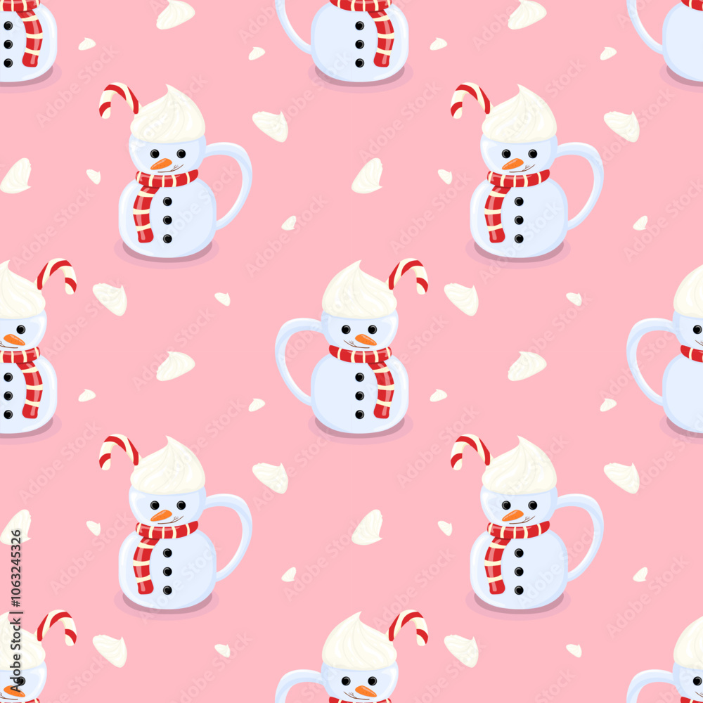Seamless vector pattern featuring a whimsical snowman mug topped with whipped cream and a candy on a soft pink background. Perfect for festive designs and holiday-themed projects. Seamless vector pattern featuring a whimsical snowman mug topped with whipped cream and a candy on a soft pink background. Perfect for festive designs and holiday-themed projects.