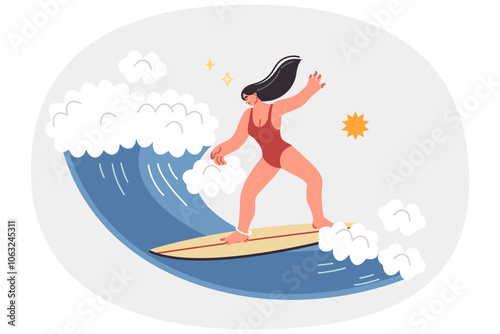 Woman doing surfing on sea waves, enjoying extreme sport during summer vacation on island