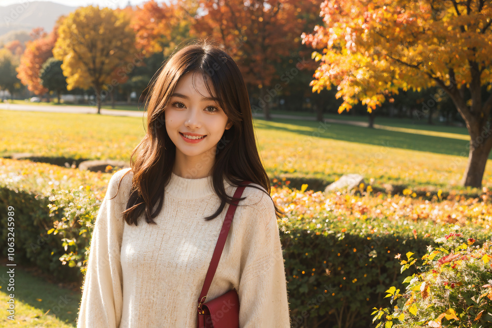 A woman with a bag is standing in front of a tree with orange leaves A woman with a bag is standing in front of a tree with orange leaves