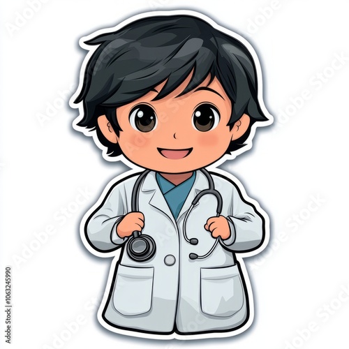 A cheerful cartoon doctor in a white coat holding a stethoscope.