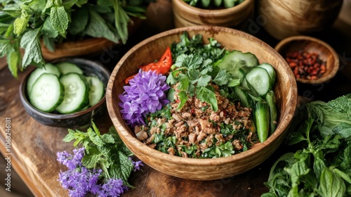 Northern Thai Larb served in a hand-carved wooden bowl,