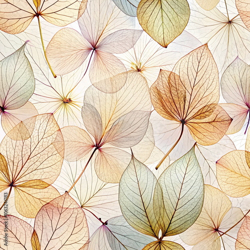 Transparent skeleton flowers leaves and petals in pastel beige colors. Autumn natural aesthetic wallpaper. Macro texture.Floral card. Botanical poster.