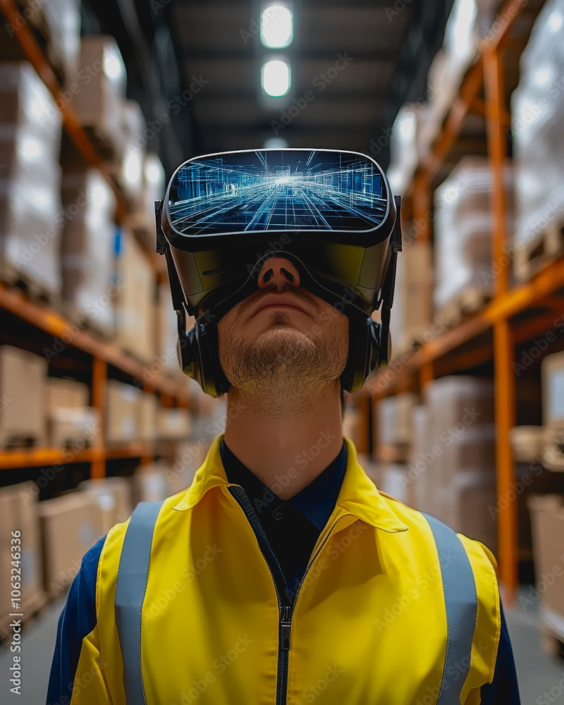 A man stands in a large organized warehouse, wearing a virtual reality helmet, showcasing innovation in technology for modern warehouse operations and logistics. A man stands in a large organized warehouse, wearing a virtual reality helmet, showcasing innovation in technology for modern warehouse operations and logistics.