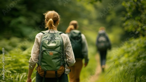 A serene hiking scene with three individuals navigating a lush, green trail surrounded by foliage, showcasing adventure and nature.