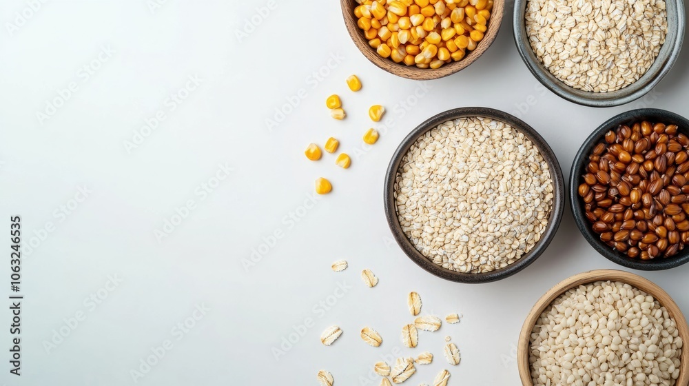 Various grains such as oats, rice, and corn are elegantly displayed in stylish bowls against a clean white background. Generative AI Various grains such as oats, rice, and corn are elegantly displayed in stylish bowls against a clean white background. Generative AI