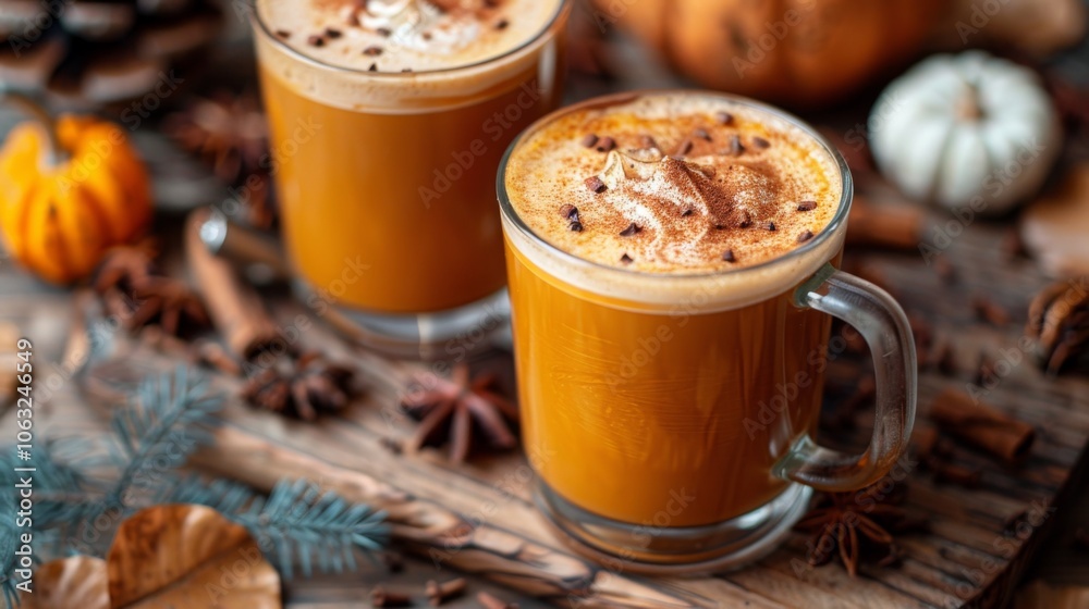 Autumn or fall season. Glasses with tasty pumpkin spice latte on wooden table. Autumn or fall season. Glasses with tasty pumpkin spice latte on wooden table.