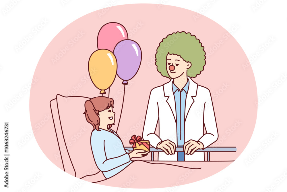 Clown doctor gives gift to child who is in hospital and needs support and positive emotions. Caring doctor pediatrician stands near bed with little girl undergoing rehabilitation in children hospital