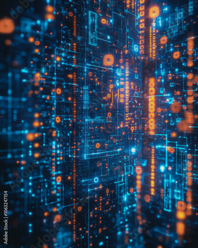 Wallpaper Mural Explore a mesmerizing digital cityscape featuring vibrant blue and orange patterns. This artwork captures the essence of a futuristic visual experience. Torontodigital.ca