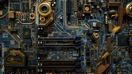 close-up of a detailed and complex motherboard or circuit board with gold and black components, including chips, circuits, and connectors, showcasing intricate electronic engineering