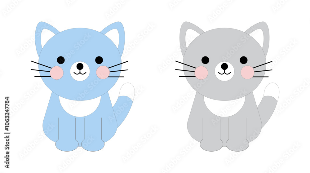 Cute cat isolated on a white background. Two little kitties. Vector illustration in flat style, colored icon. Cute cat isolated on a white background. Two little kitties. Vector illustration in flat style, colored icon.