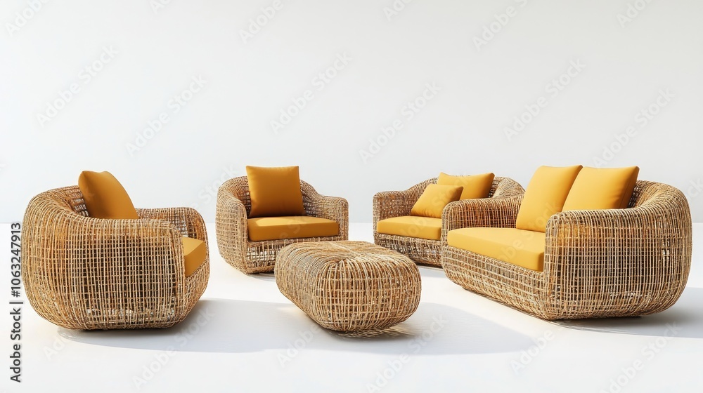 Fototapeta premium Collection of outdoor rattan and straw garden couches armchairs and double seat sofas