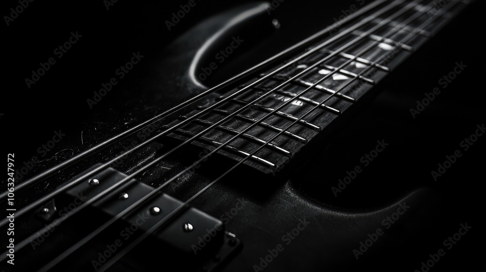 Fototapeta premium Close up of a four string bass guitar in black and white highlighting the details of this iconic rock instrument with a vintage aesthetic