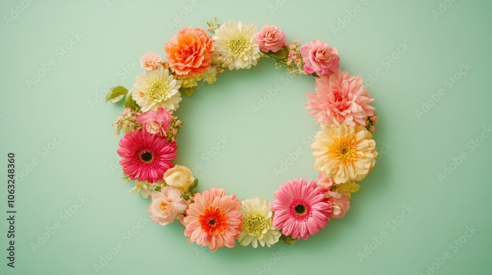Decorative round frame crafted from vibrant spring or summer flowers set against a soft pastel green background offering ample space for text Ideal for greeting cards or gifts Minimal flat lay des Decorative round frame crafted from vibrant spring or summer flowers set against a soft pastel green background offering ample space for text Ideal for greeting cards or gifts Minimal flat lay des