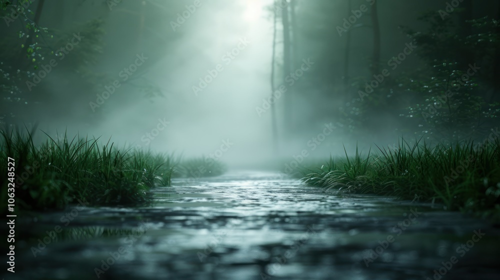 A misty forest scene with a calm stream flowing through lush grass, creating a serene and tranquil atmosphere.