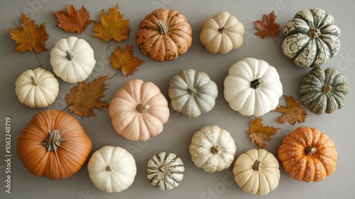 Collection of assorted raw pumpkins and leaves arranged on a gray retro background evoking themes of autumn and festive celebrations Vintage style flat lay design photo