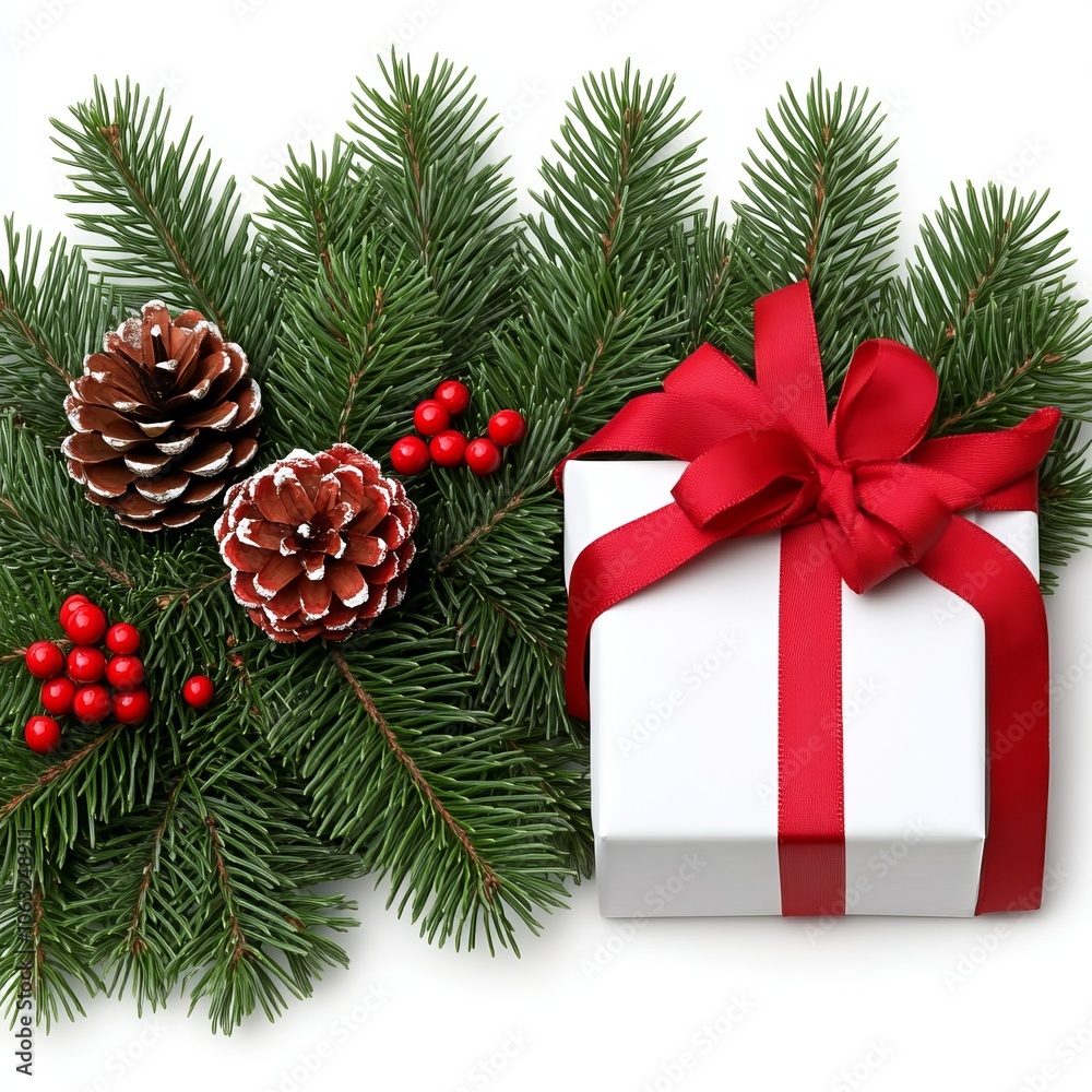 A festive arrangement featuring a gift box and seasonal decorations. A festive arrangement featuring a gift box and seasonal decorations.