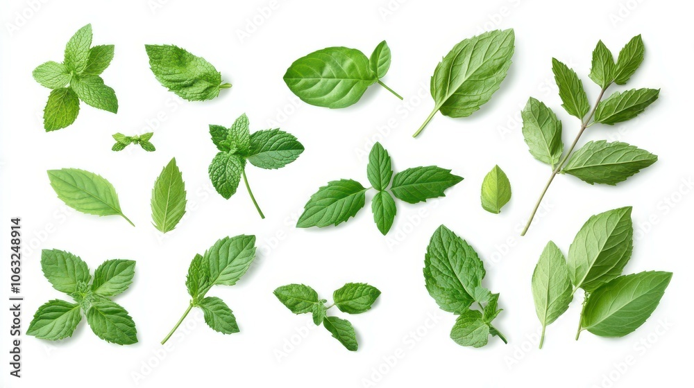 green leaf plant, mint or tea leaves. Fresh summer foliage of basil, lime or peppermint, organic design element isolated on white background, realistic render icons top view. green leaf plant, mint or tea leaves. Fresh summer foliage of basil, lime or peppermint, organic design element isolated on white background, realistic render icons top view.