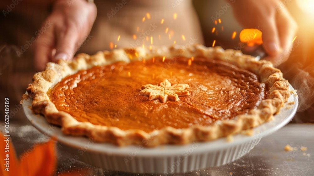 A warm pie is being held, radiating a golden color, with decorative crust and sparking highlights, evoking a cozy, festive atmosphere. A warm pie is being held, radiating a golden color, with decorative crust and sparking highlights, evoking a cozy, festive atmosphere.