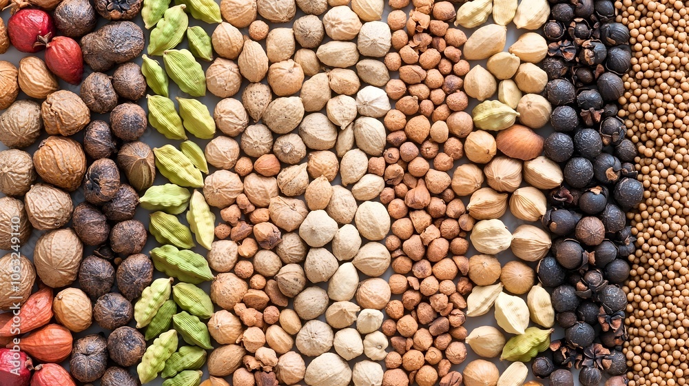 Visually appealing overhead shot of a symmetrical arrangement of various whole spices including cardamom cinnamon sticks and nutmeg against a plain background