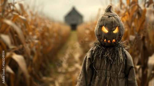 A spooky scarecrow with glowing eyes stands in a cornfield, creating an eerie atmosphere against a backdrop of a distant barn.