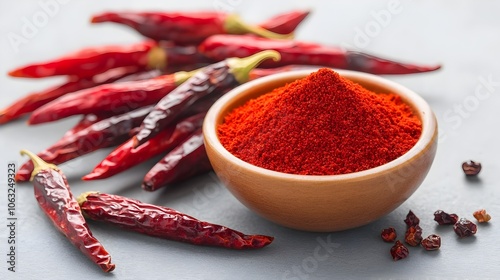 Closeup of aromatic red chili powder in a small bowl surrounded by dried whole red chilies  A flavorful and spicy culinary ingredient for various global cuisines photo