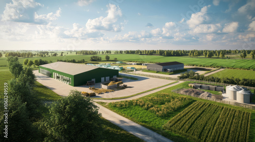 A farm area featuring plant-based feed in storage, set alongside green fields to show sustainable, animal-friendly farming practices