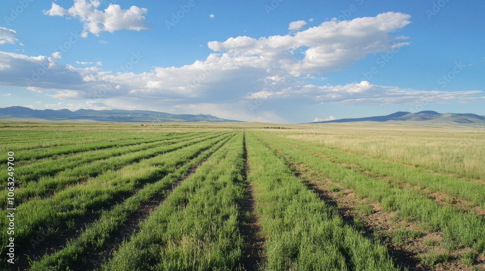 A landscape of rotational grazing fields, divided into sections for animals to graze in rotation, promoting land recovery and soil health A landscape of rotational grazing fields, divided into sections for animals to graze in rotation, promoting land recovery and soil health