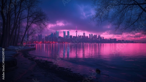 A vibrant pink sunset casts a glow over a city skyline reflected in the calm water of a lake. photo