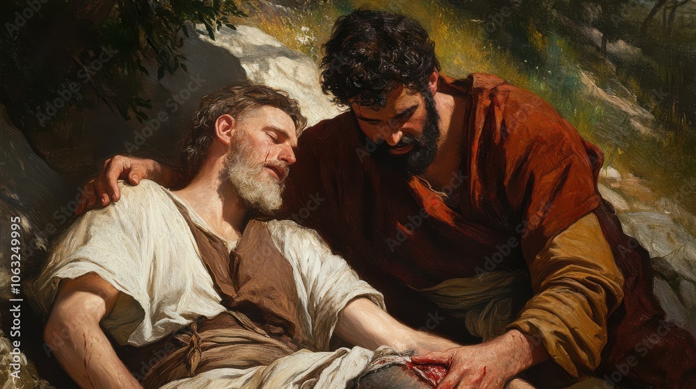 Fototapeta premium image of the Good Samaritan helping a wounded man, representing compassion and mercy toward others, regardless of background,