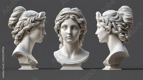Marble statue of Greek goddess. Stylized Venus head sculpture