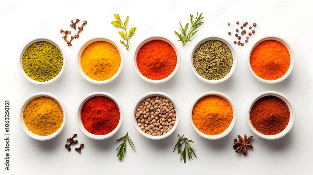 Overhead view of a circular arrangement of small bowls filled with various aromatic spices including cumin and paprika creating a vibrant and visually appealing design Overhead view of a circular arrangement of small bowls filled with various aromatic spices including cumin and paprika creating a vibrant and visually appealing design