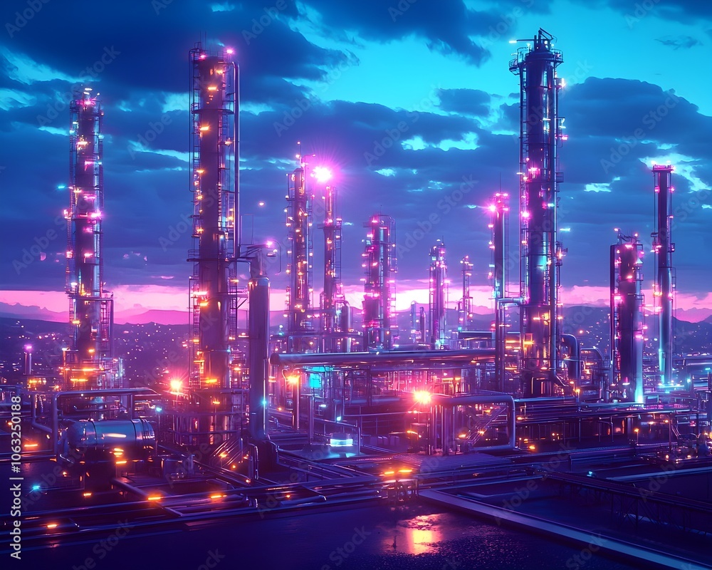 Fototapeta premium Futuristic Neon Lit Oil Refinery Skyline Symbolizing Technology and Industry Fusion