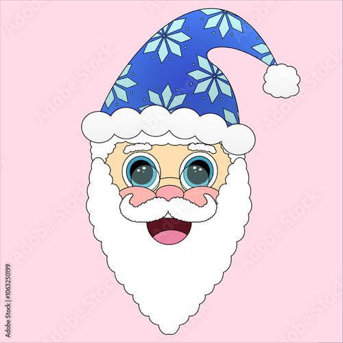 Adorable Santa Claus face with blue snowflake hat. Perfect for Christmas and New Year designs, cards, decorations, and holiday crafts.