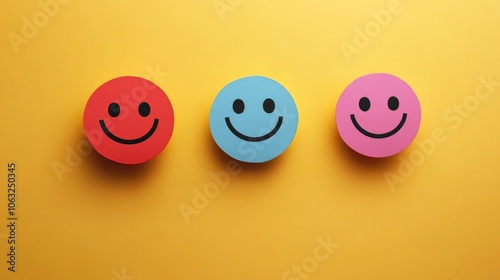 Colorful paper smiley faces symbolizing positivity motivation and mental well being fostering good moods and optimism for a bright start to the day against a vibrant yellow backdrop