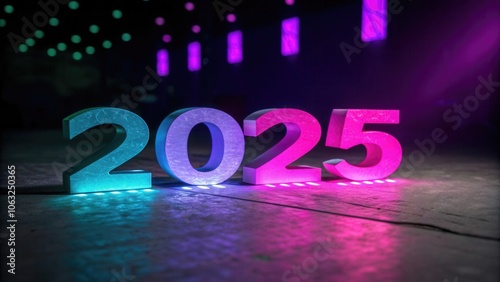 2025 Numbers Illuminated with Colorful Lighting on Dark Floor