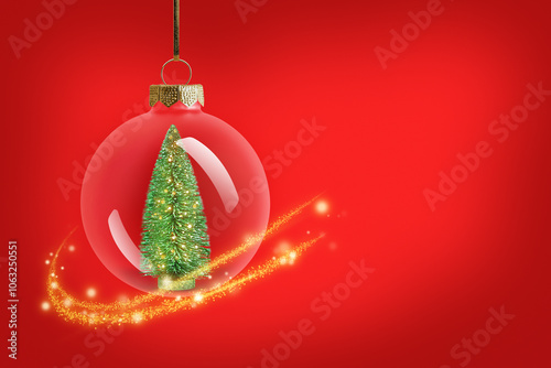 Christmas tree ornament with bokeh lights inside glass bauble on red background. Festive winter holiday backdrop with copy space. Design for greeting card, invitation, banner.