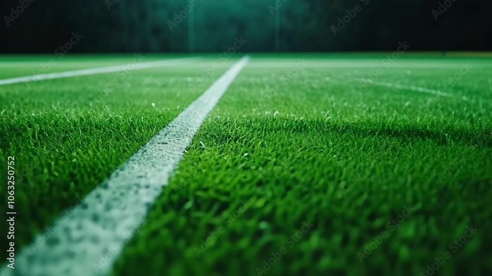 A close-up shot of a green artificial turf field with white lines, taken at night