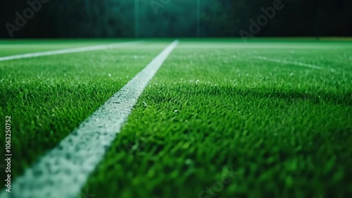A close-up shot of a green artificial turf field with white lines, taken at night