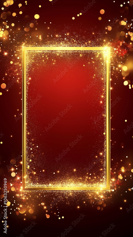 Golden rectangular frame decorated with shining golden lights isolated red background. Copy paste area to add products and text. Vertical. Golden rectangular frame decorated with shining golden lights isolated red background. Copy paste area to add products and text. Vertical.