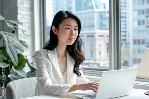 Young Asian female in her twenties working on her laptop at her desk, immersed in work within a business workspace Free Download Young Asian female in her twenties working on her laptop at her desk, immersed in work within a business workspace - GFXLoad