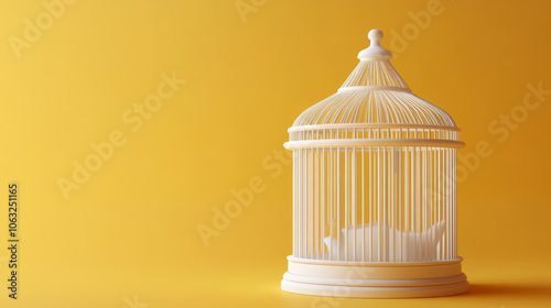 A small-bird cage featuring narrow bars and a cozy interior setup, ideal for housing finches or canaries, set against a warm background photo