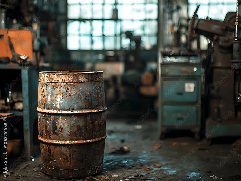 Rustic Oil Barrel in an Industrial Warehouse with Machinery and Tools Rustic Oil Barrel in an Industrial Warehouse with Machinery and Tools