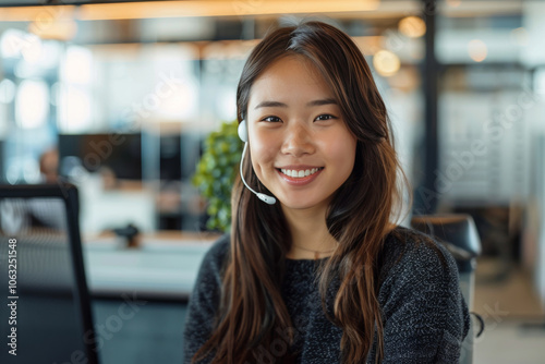 Young Asian female cuspomer support specialist in her twenties working at a modern help desk wearing a headset at a business workspace