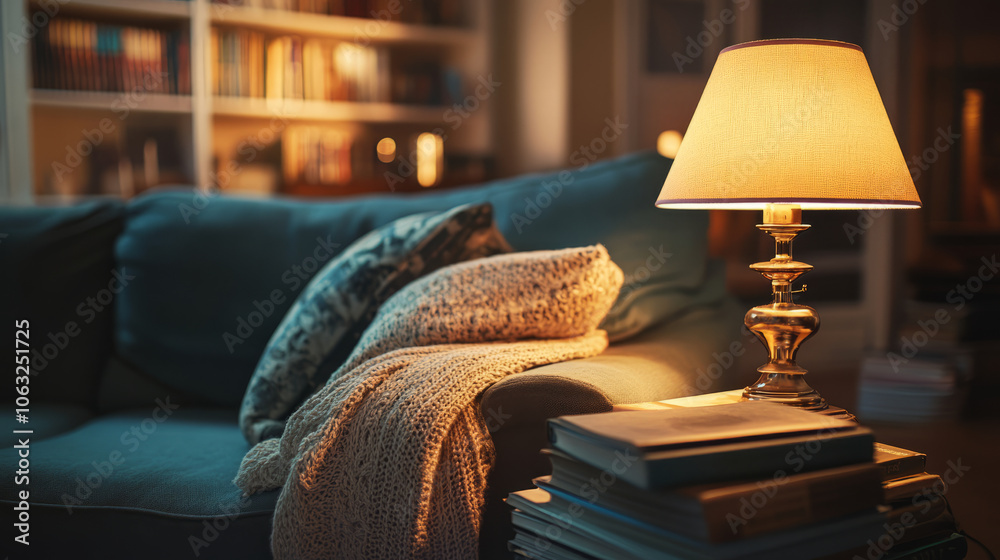 A stylish table lamp emitting a warm glow in a cozy living room, casting soft shadows on the walls and illuminating a stack of books nearby A stylish table lamp emitting a warm glow in a cozy living room, casting soft shadows on the walls and illuminating a stack of books nearby