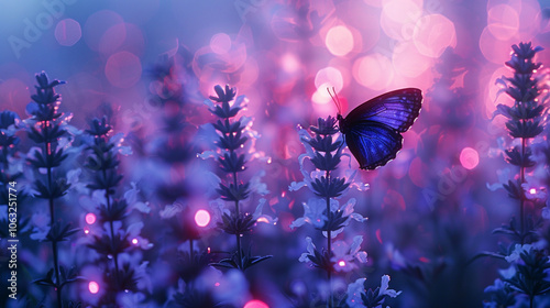 Butterfly on violet grass in nature with soft ambient light
