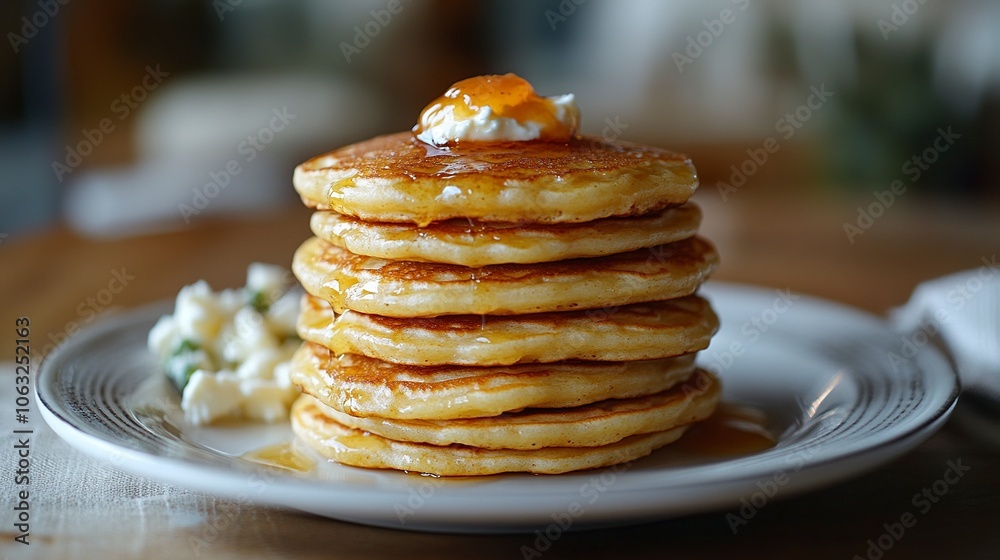 Small, golden-brown pancakes, about 2-3 inches in diameter, arranged in a neat stack or scattered on the plate. Topped with a dollop of apricot jam. a side of mixed peas and feta. ,generative ai Small, golden-brown pancakes, about 2-3 inches in diameter, arranged in a neat stack or scattered on the plate. Topped with a dollop of apricot jam. a side of mixed peas and feta. ,generative ai