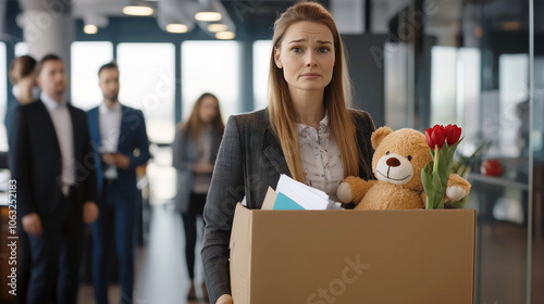 a woman fired from her job leaves the office with her office belongings