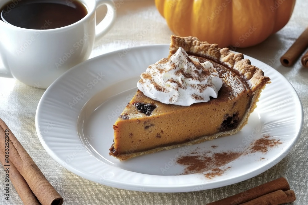 Pumpkin Pie: A single slice of pumpkin pie on a white plate, topped with whipped cream and garnished with a cinnamon stick and a sprinkle of nutmeg. Pumpkin Pie: A single slice of pumpkin pie on a white plate, topped with whipped cream and garnished with a cinnamon stick and a sprinkle of nutmeg.