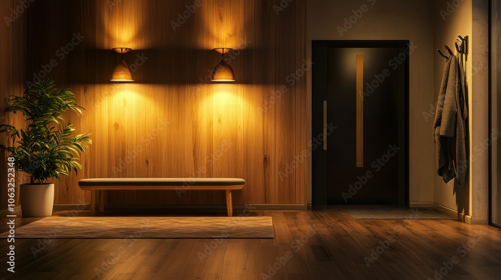 Fototapeta premium Interior of hall with glowing lamps and coat rack in evening