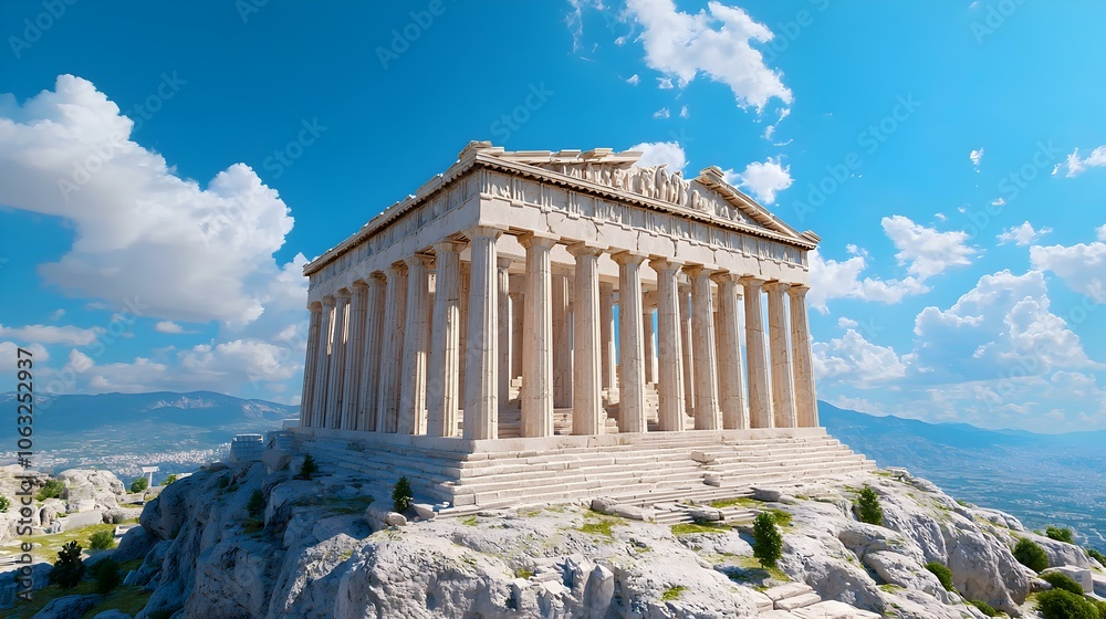 Obraz premium Acropolis Discovery, A traveler marvels at ancient ruins and iconic temples atop a historical hill in Athens, Greece, rich in culture and heritage.